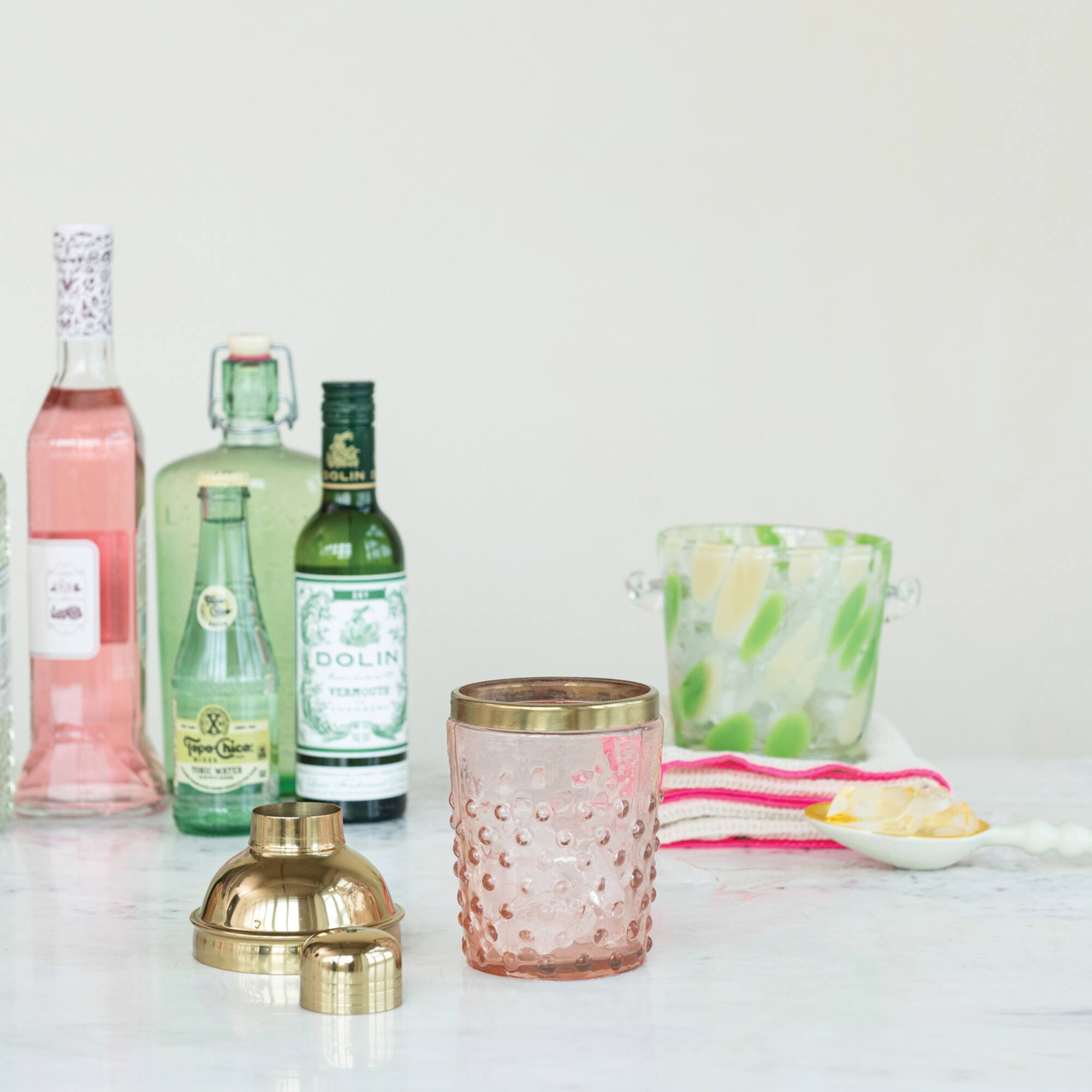 Hello Honey® Pink & Gold Hand-Blown Glass & Stainless Steel Hobnail Cocktail Shaker